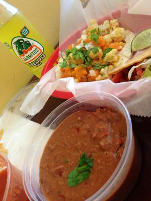 Sweet potato & cauliflower taco, soy chorizo taco, refried beans at El Burro - Northside in Pittsburgh