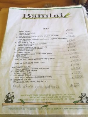 Menu  at Bambu in Valparaiso