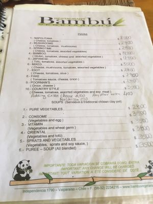 Menu  at Bambu in Valparaiso
