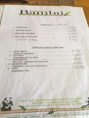 Menu  at Bambu in Valparaiso