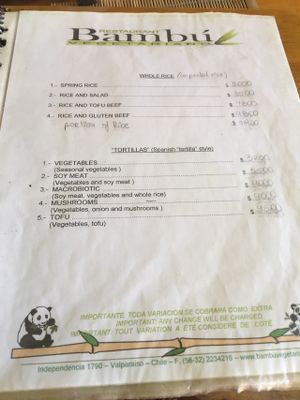 Menu at Bambu in Valparaiso