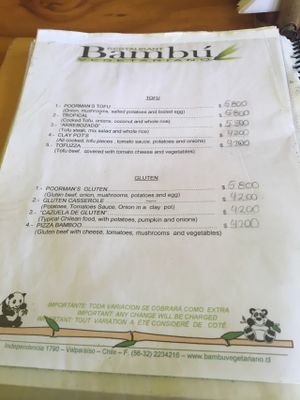Menu at Bambu in Valparaiso