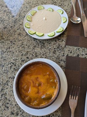 Okra tagine (the photo doesn't do it justice), tahini in background at Jamboree Restaurant  in Luxor
