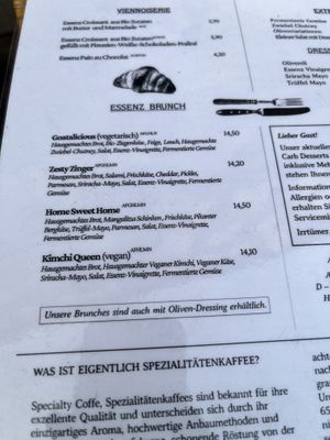 Menu  at Café Essenz in Vienna