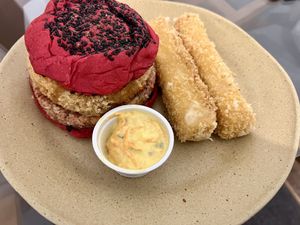 Amazing sweet cheddar burger and cheese sticks  at Refugio Veg in Rio De Janeiro