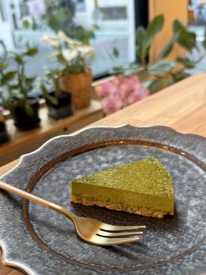 Raw and vegan Matcha Cake  at PLANT-BASED CAFE ANDPON in Osaka