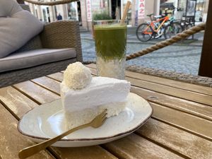 Rafaello cake and iced matcha on almond milk   at Fit Cake Świnoujście  in Swinoujscie