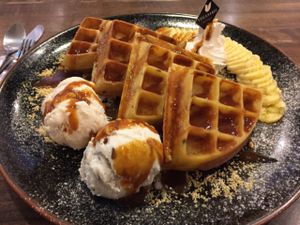Vegan banoffee waffle (large), 210 baht at Veganerie - Mercury Ville in Bangkok