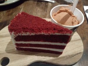 red velvet cake with Thai iced tea ice cream at Veganerie - Mercury Ville in Bangkok