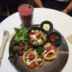 Pizza and a side salad? also a smoothie! at Veganerie - Mercury Ville in Bangkok