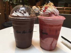 Chocolate smoothie and strawberry cheesecake smoothie. So good! at Veganerie - Mercury Ville in Bangkok