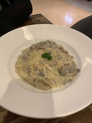 Vegan spaghetti carbonara, with soy ‘bacon’. at Veganerie - Mercury Ville in Bangkok
