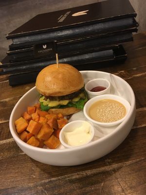 Burger and fries at Veganerie - Mercury Ville in Bangkok