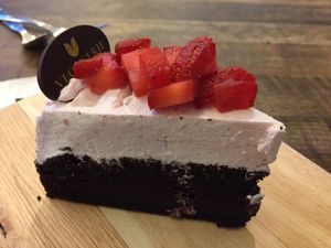Vegan yogurt strawberry chocolate cake, 135 baht. at Veganerie - Mercury Ville in Bangkok