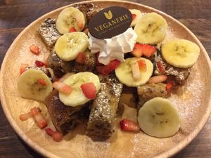 Vegan strawberry and banana French toast, 185 baht at Veganerie - Mercury Ville in Bangkok