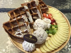 The fruit waffles! Yummy!  at Veganerie - Mercury Ville in Bangkok