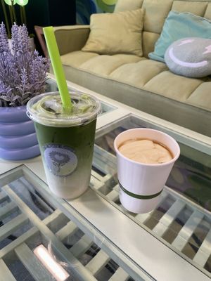 Matcha iced milk tea (soy milk) and Dou Hua dessert warm (can be ordered cold)  at The Bean Flower  in Durham