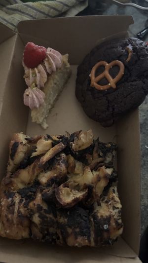 Raspberry coconut cake, chocolate pretzel cookie and focaccia. All deliciouss  at Better Now in Brunswick East
