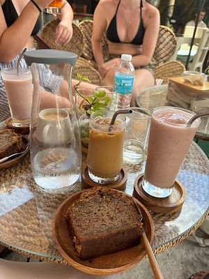 banana bread and drinks  at Lovegan Cafe in Moalboal
