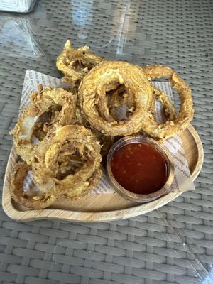 Onion rings with sweet chili sauce  at Lovegan Cafe in Moalboal