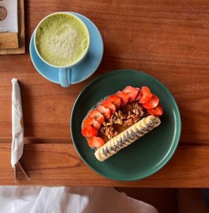 matcha latte & almond butter toast at iVegan Supershop Hoi An - Healthy Plant Based Cafe in Hoi An