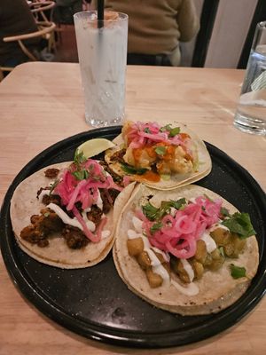 Mix and match tacos: taco de colifor, tofu chorizo, and nopales at Hugo's Mexican Kitchen - District 1881 in Chilliwack