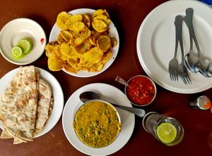 The famous bhajias and palak daal with roti. at Slush Coffee World in Nairobi