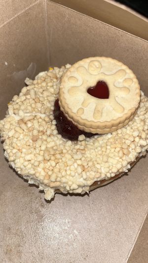 Jammie Dodger doughnut  at Coffee Woolston in Southampton