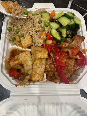 Lemongrass tofu with mongolian wonder combo. Also got the spring role!  at Loving Hut in Santa Clara