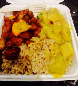 Brown rice, Orange Treasure(soy), yellow curry with potatoes and carrots at Loving Hut in Santa Clara