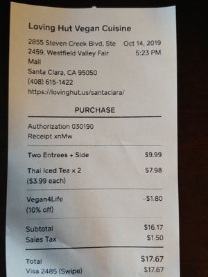 $17.67: One meal, two drinks, don't forget the vegan discount! at Loving Hut in Santa Clara