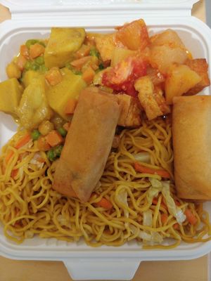 $12.14: Top Left: Lucky Curry, Sweet & Sour Tofu, Chow Mein, two crispy rolls at Loving Hut in Santa Clara