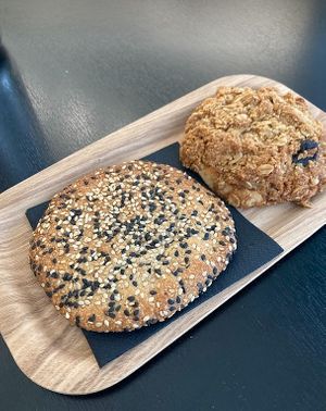 Oatmeal, coconut & cranberry cookie and tahini cookie (vegan & gluten free) at Fuga Café in Madrid