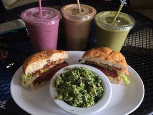 TheLivingRootCeller #BeetBurger #LiquidLazarus #Vegan  at The Living Root Cafe in Redlands