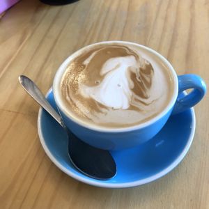 House made hazelnut milk flat white at The Plant Organic Cafe and Market in Bunbury