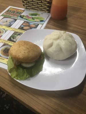Hamburger and dumpling (all vegan) at Quan Chay Dam in Hoi An