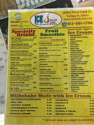 Menu  at Ice Spice Indian Street Food Café in Tampa