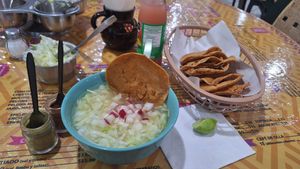 Disfrutando de un pozolito at Pozole Mio in Puebla