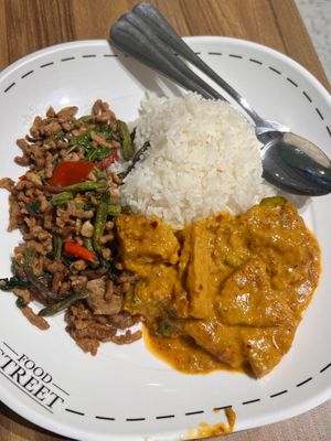Tofu curry, and pork and basil dish and rice   at Sawasdee Vegetarian in Bangkok
