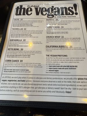 An entire vegan section!   They also gave vegan queso!  at Juan More Taco  in Richmond