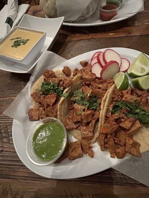 Vegan carne asada tacos and vegan queso   at Juan More Taco  in Richmond