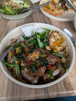 Pulled Shiitake and Firm Tofu Five Spice Stirfry with three sides. at Dee Den in Buderim