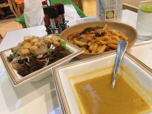 Carrot soup, citrus salad, veggie pasta. All VEGAN at Getfresh - Mercury Ville in Bangkok