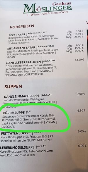 Kürbissuppe at Gasthaus Möslinger in Vienna