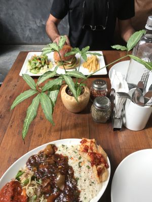 the banana & green pea burger, also my oriental bowl!!!! at Green Theory in Bangalore