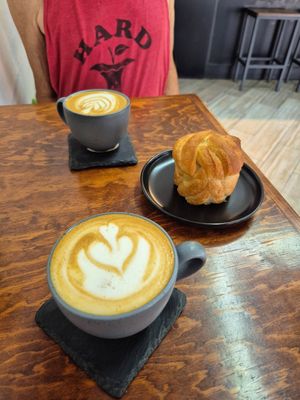 Capuchino, flat white and cardamom roll at Terrible Coffee in Queretaro
