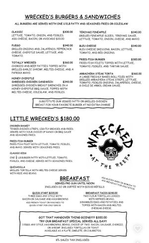 English menu   at Wrecked at the Reef in Puerto Penasco