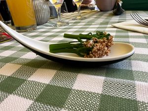 Complimentary sweet broccoli dish with vegan truffle mayo. at Teehaus im Englischen Garten Berlin in Berlin