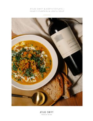 Shelter Cabernet Sauvignon with a beautiful pumpkin soup, all recipe available on our website at Atlas Swift in Franschhoek