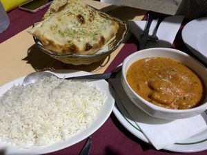 Tikka masala with garlic naan and basmati rice  at Zayka in Gran Canaria